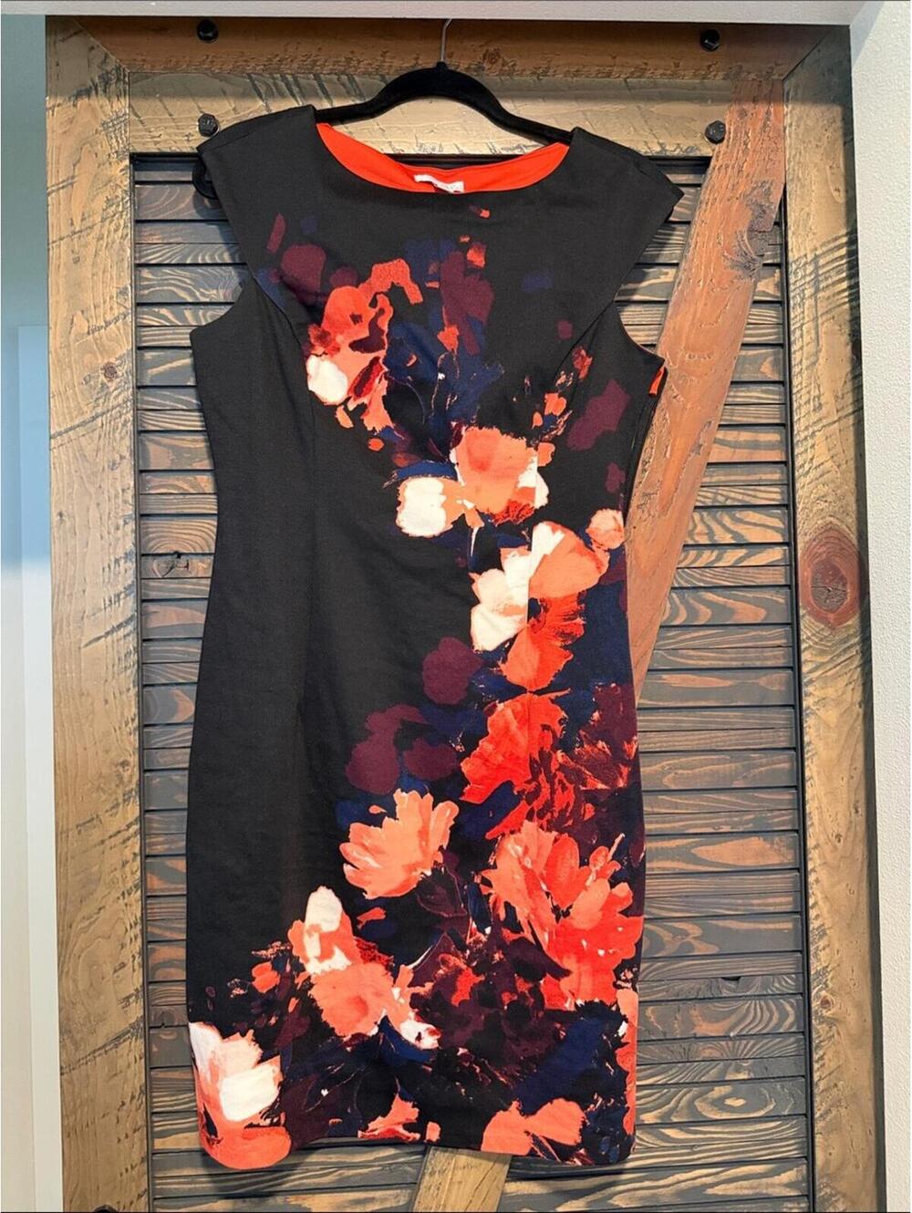 Black Knee-Length Dress with Red Floral Print